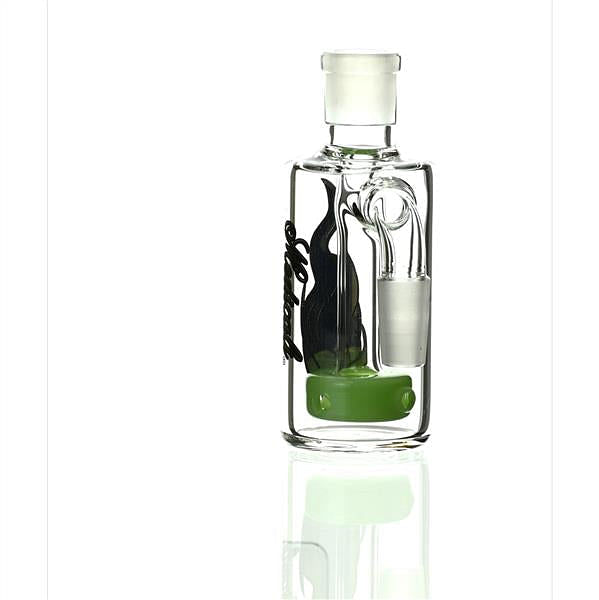 Close-up of Medicali Ash Catcher Gold Black on Light Green 90 Degree 14 mm joint