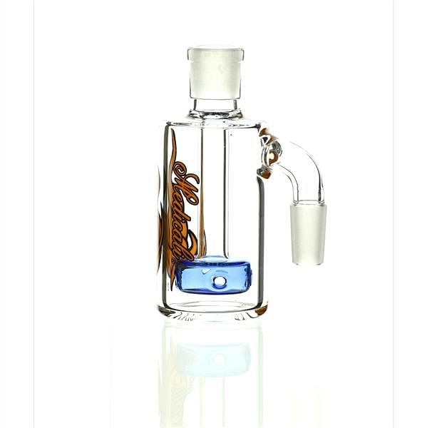 Side view of Medicali Ash Catcher Oranger Black on Blue 90 Degree 14 mm - Smoke Spot Glass