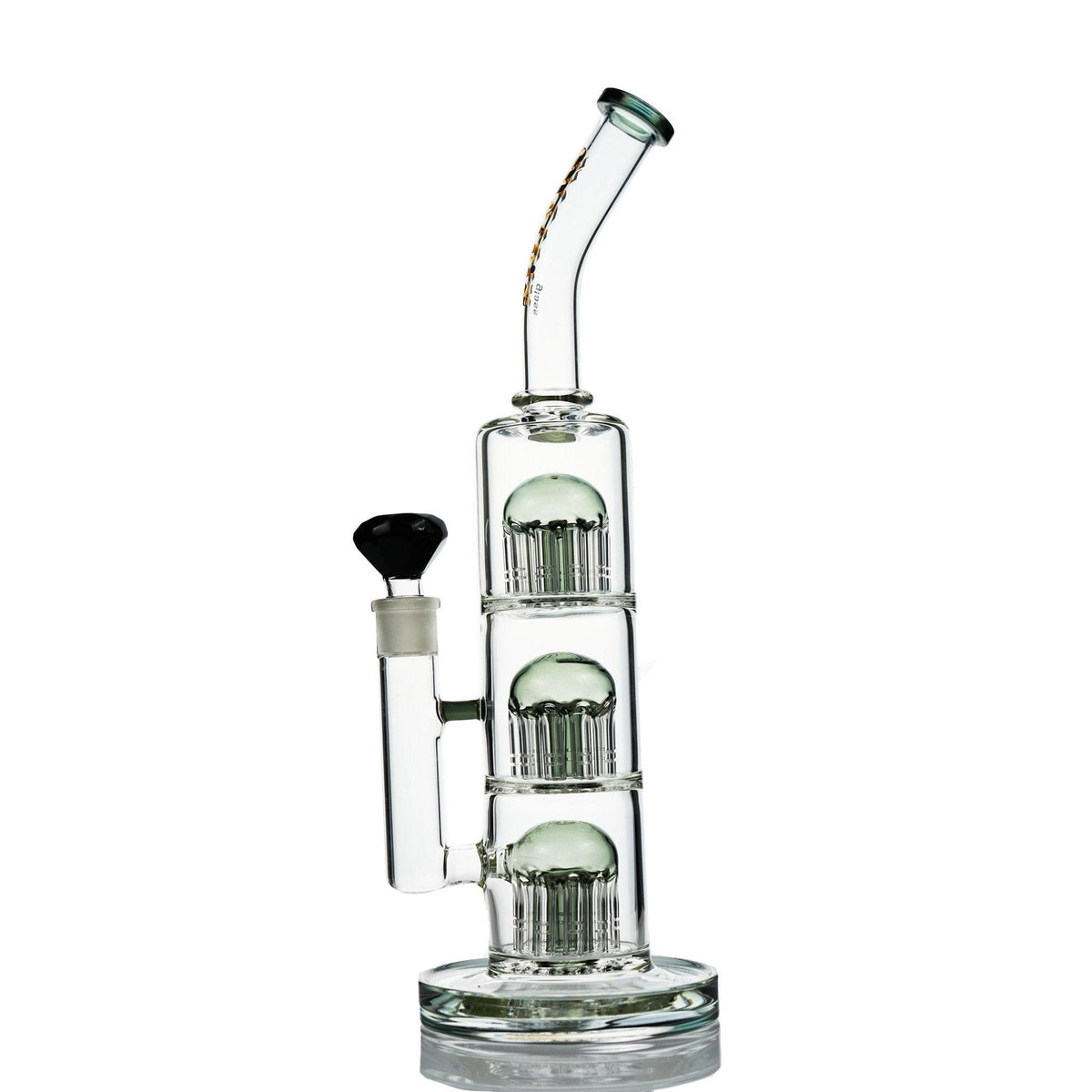 Side view of Metrix Glass black waterpipe featuring 3 percolators and 10 arm legs