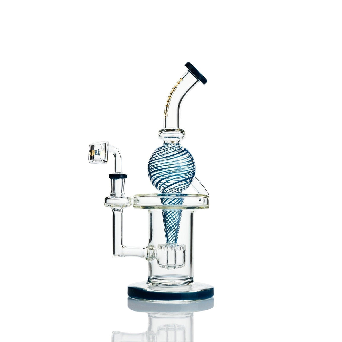Side view of Metrix Glass Blue swirl rig recycler - scientific glass dab rig
