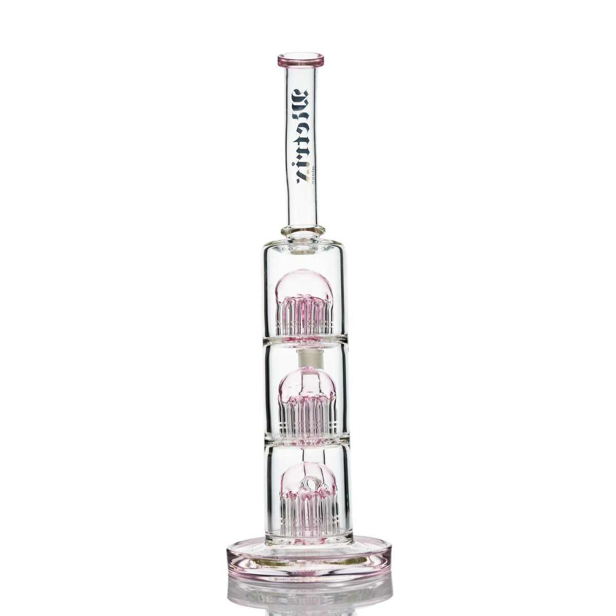 Side view of Metrix Glass Pink Waterpipe with 3 percolators and 10 arm legs