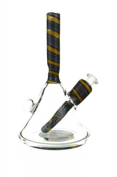 Side view of Mini Beaker Bong by SSV with worked glass details
