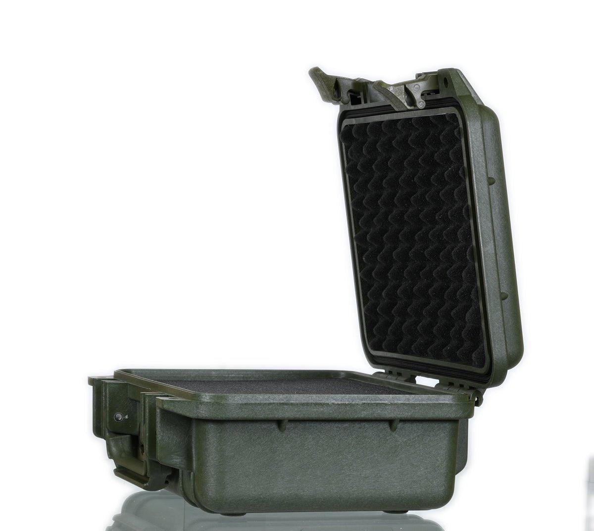 Pelican Case 1200 OD Green with Double Throw latches open