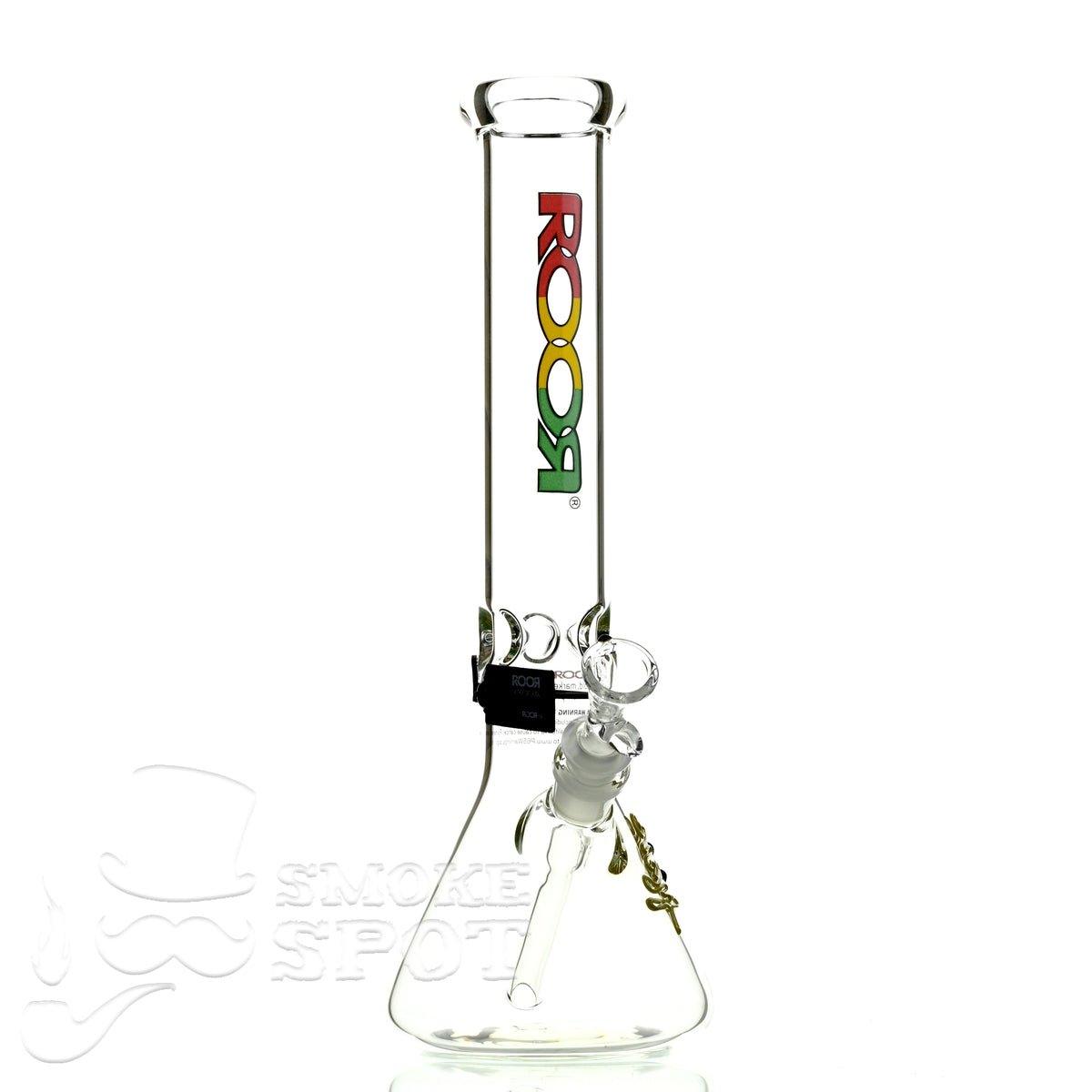 Close-up of Roor Beaker 14 inch rasta glass bong showing rasta colors