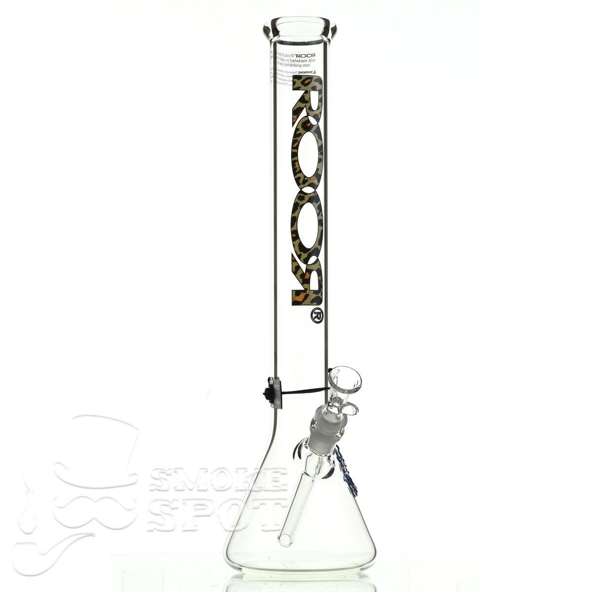 Side view of Roor Beaker 18 inch P-D leopard #2 glass bong