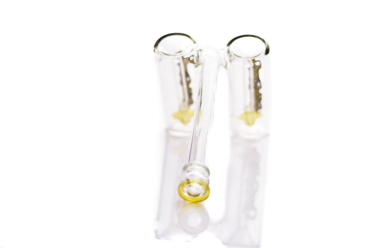 Close-up of Sesh Supply Minotaur Double Bowls Bubbler glass craftsmanship - Smoke Spot Glass