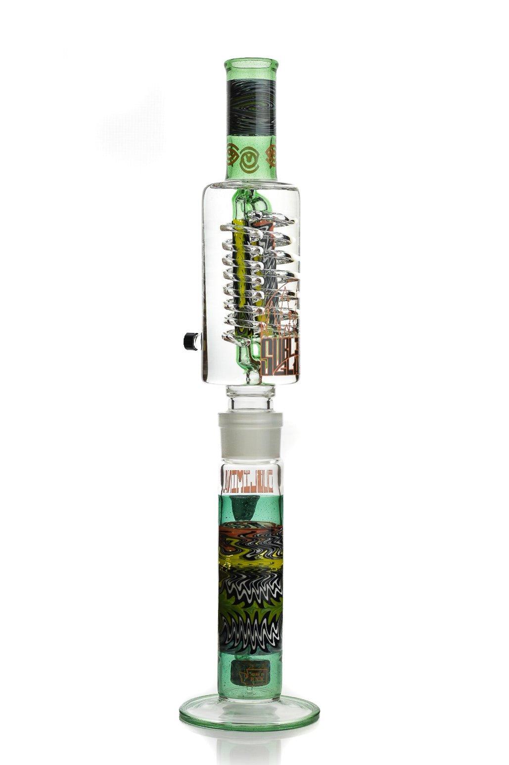 Close-up of double coil percolator on Subliminal Glass Gobs Waterpipe