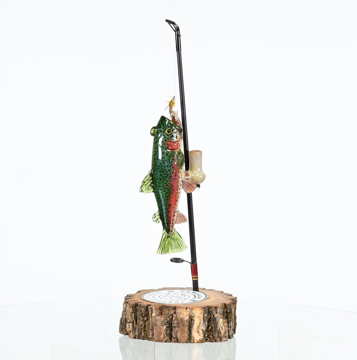 Side view of Trapper Studio Rainbow Trout Rig with Stand and Signed Pelican Case