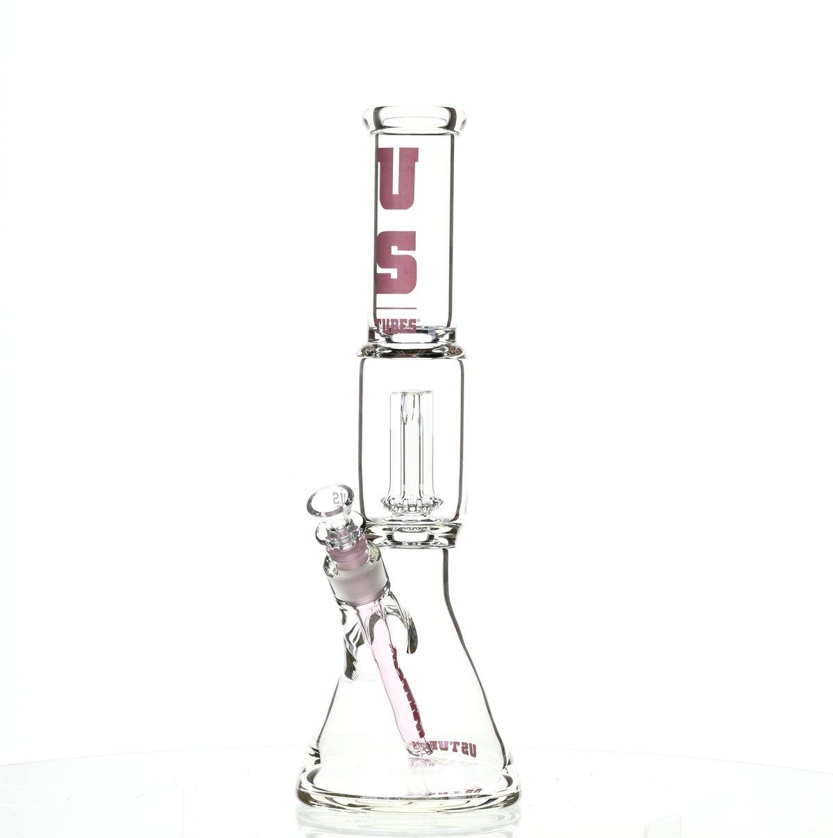 US TUBES 15" BEAKER W/SHOWERHEAD PERC AND PINK ACCENTS - SSSS