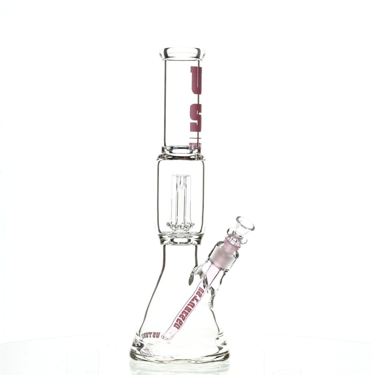 US TUBES 15" BEAKER W/SHOWERHEAD PERC AND PINK ACCENTS - SSSS