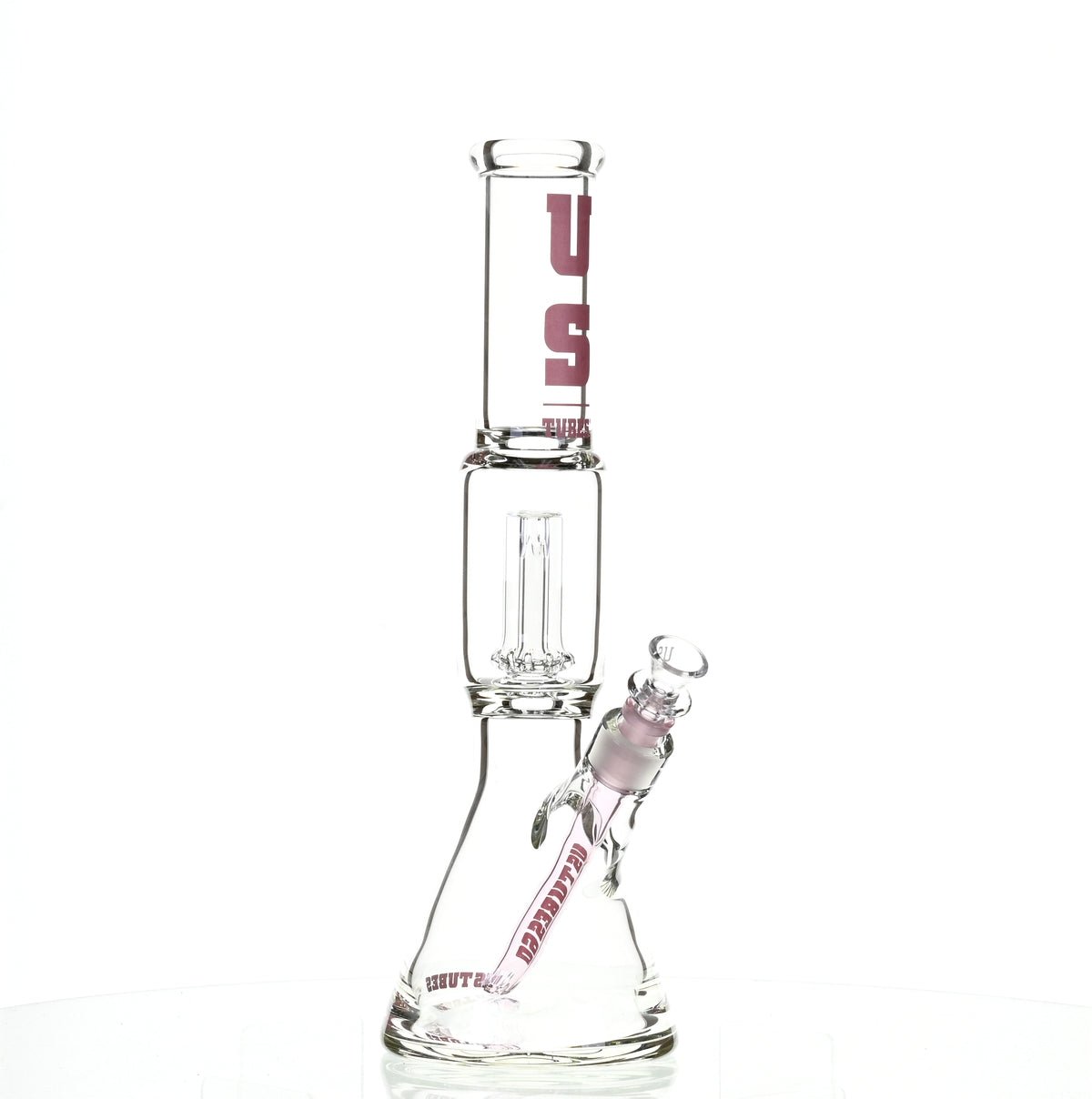 US TUBES 15" BEAKER W/SHOWERHEAD PERC AND PINK ACCENTS - SSSS