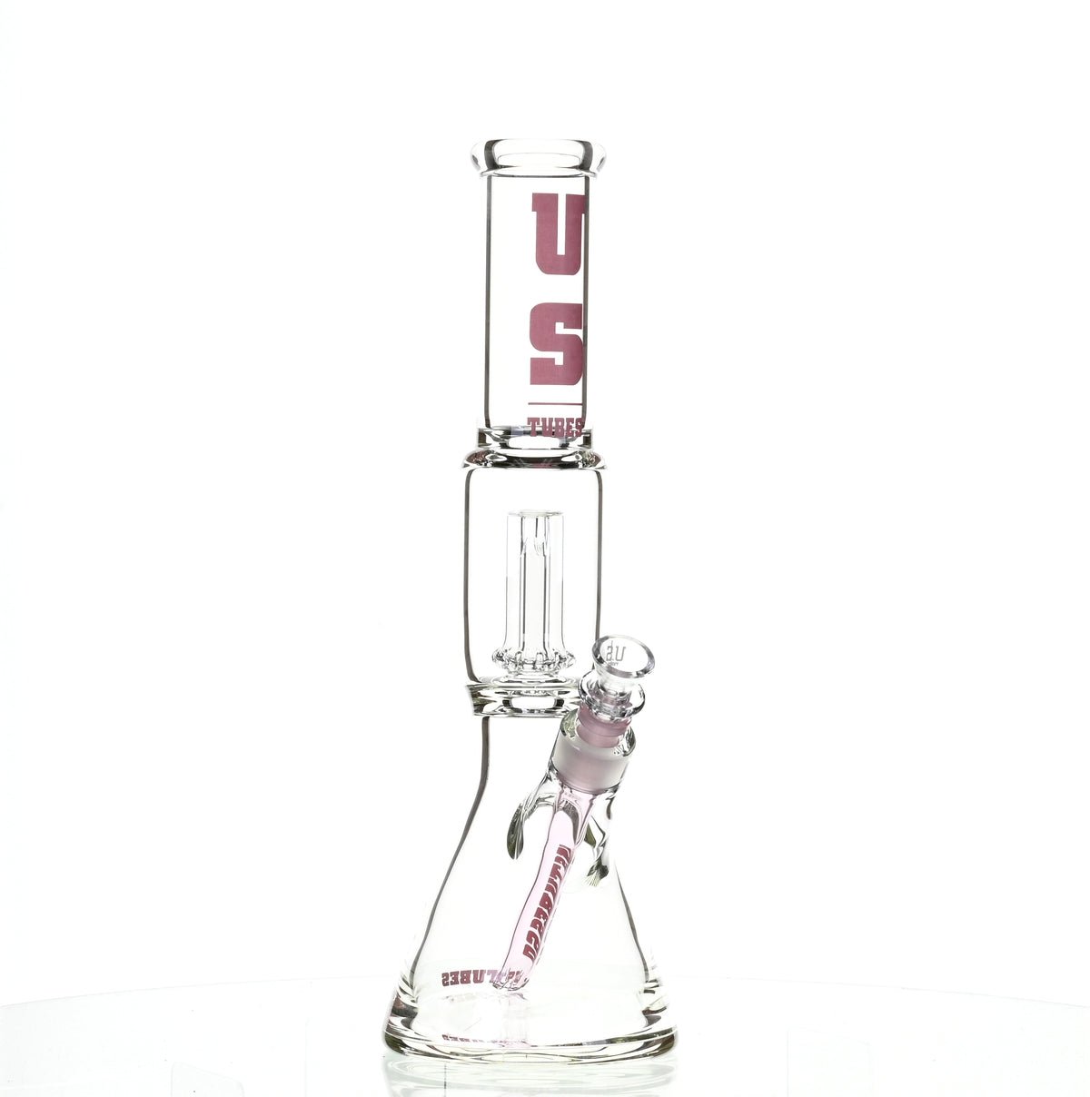 US TUBES 15" BEAKER W/SHOWERHEAD PERC AND PINK ACCENTS - SSSS