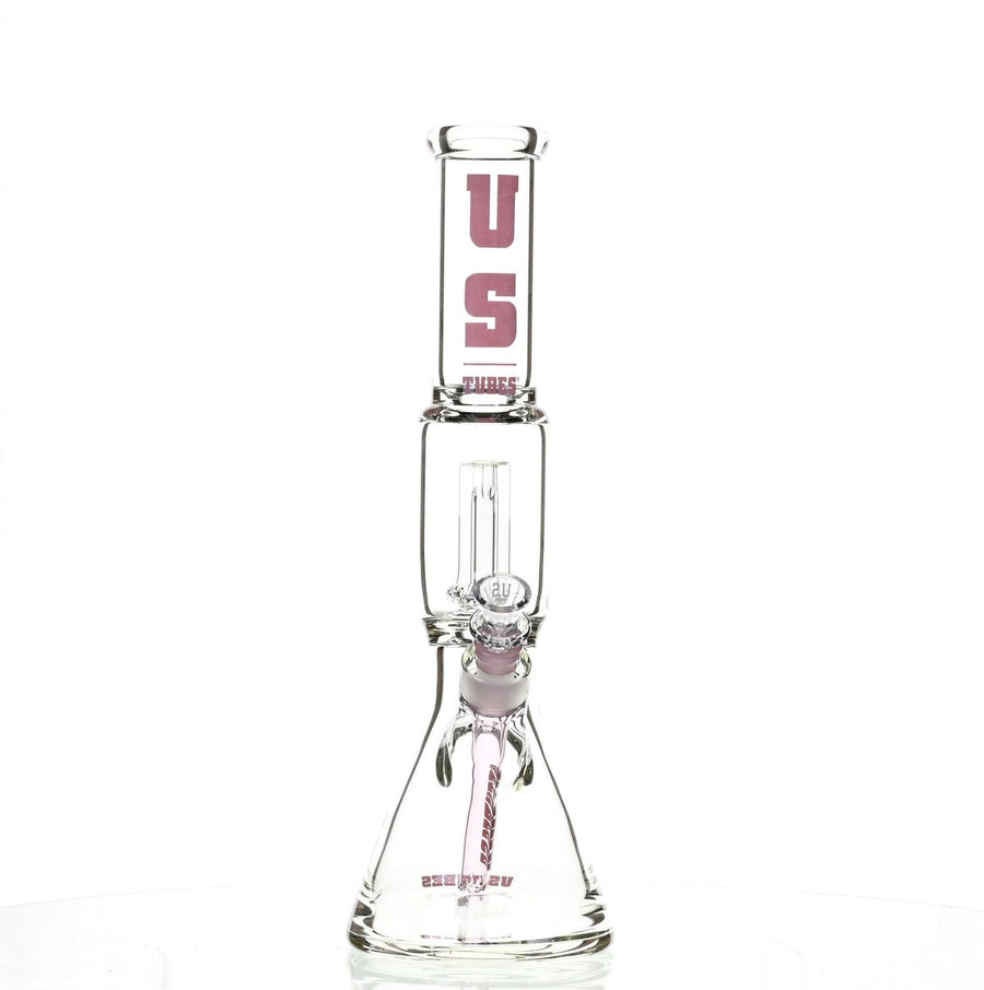 US TUBES 15" BEAKER W/SHOWERHEAD PERC AND PINK ACCENTS