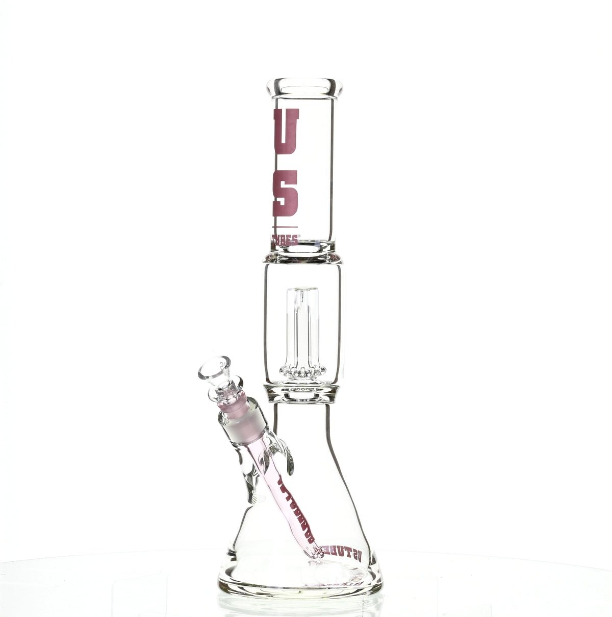 US TUBES 15" BEAKER W/SHOWERHEAD PERC AND PINK ACCENTS - SSSS