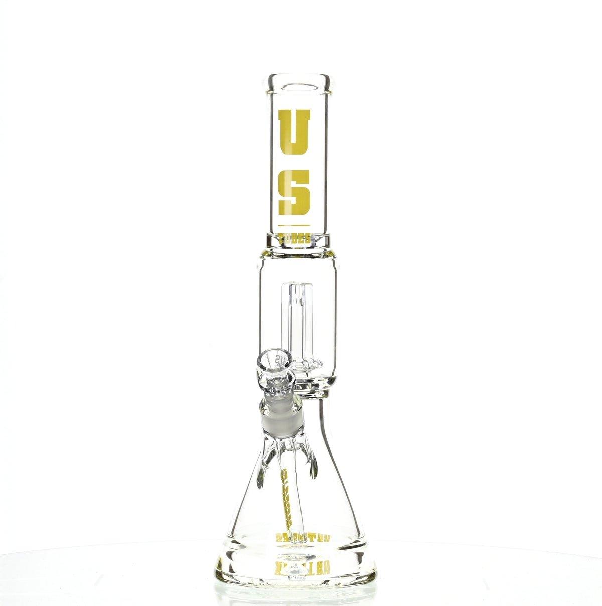 Side view of US TUBES 15 inch Beaker Waterpipe with Showerhead Perc and Yellow Accents