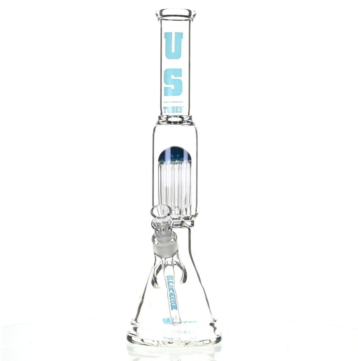 Close-up of Tree Perc on US TUBES 17 inch Beaker Waterpipe with Blue Accents