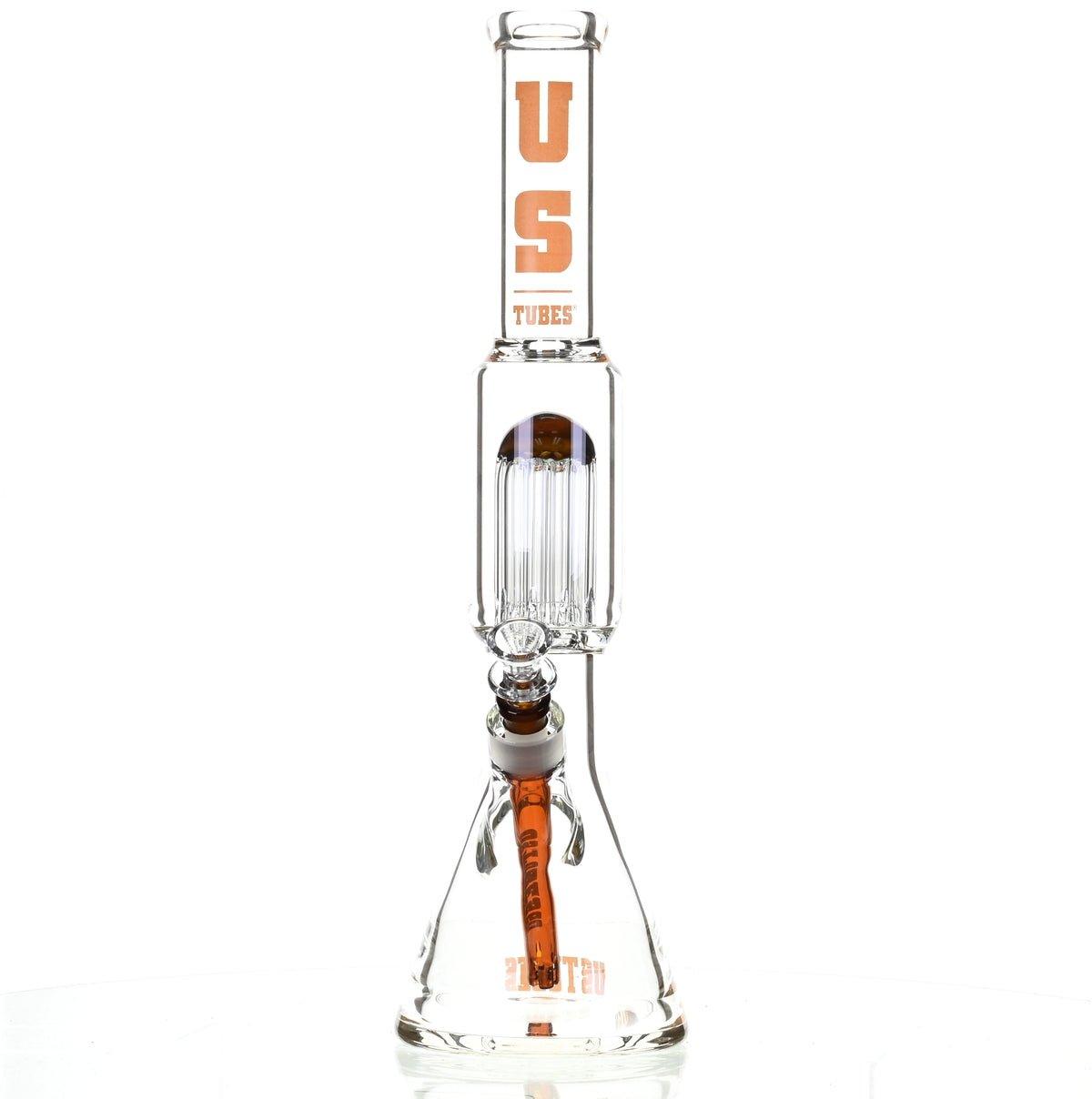 Side view of US TUBES 17 inch Beaker Waterpipe with Tree Perc and Orange Accents
