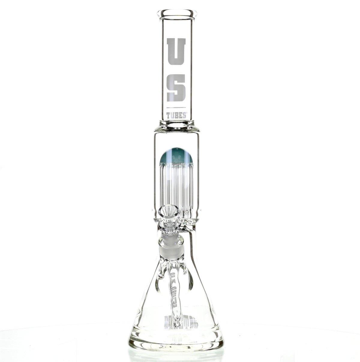 Side view of US TUBES 17 inch Beaker Waterpipe with Tree Perc and Blue White Accents
