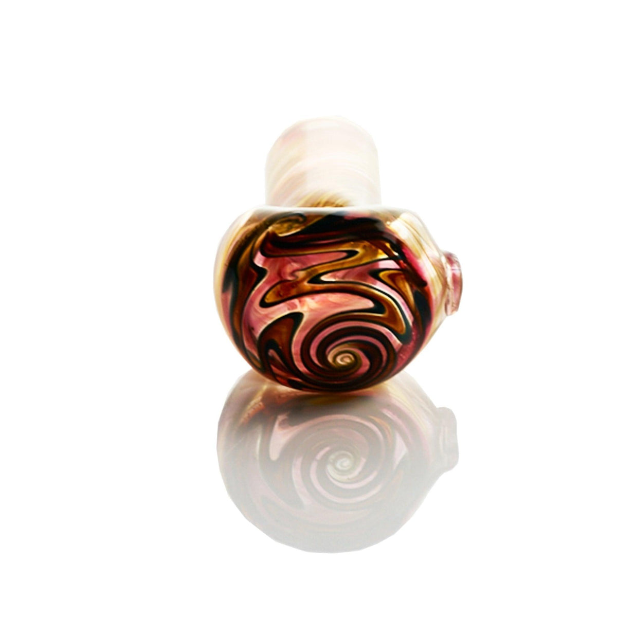 Close-up of Westie Glass Spoon Fumed Window Handpipe with Rose Gold, Dark Yellow & Teal Blue Colors - Smoke Spot